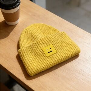 Acne Yellow Ribbed Knit Beanie with Emoji Patch